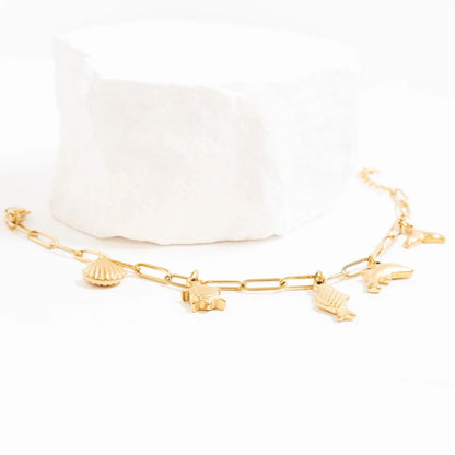 18K Gold PVD Stainless Steel Sea Vacation Charm Bracelet / BRJ1079