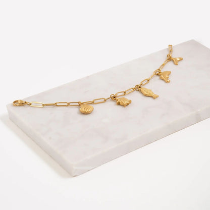 18K Gold PVD Stainless Steel Sea Vacation Charm Bracelet / BRJ1079