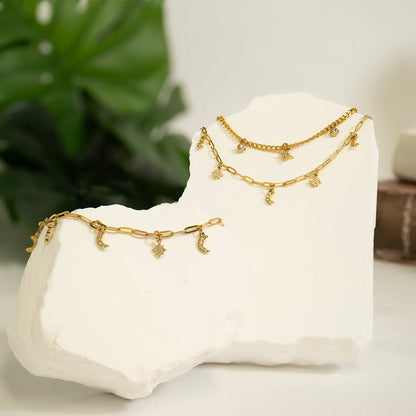 18K Gold PVD Stainless Steel Moon & Star Charm Bracelet / BRJ1009