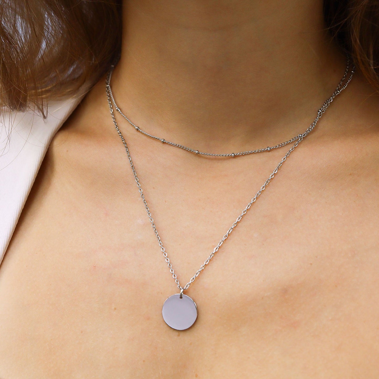 18K Gold PVD Stainless Steel Loop and Satellite Chain Blank Disk Layered Necklace / CHN0001