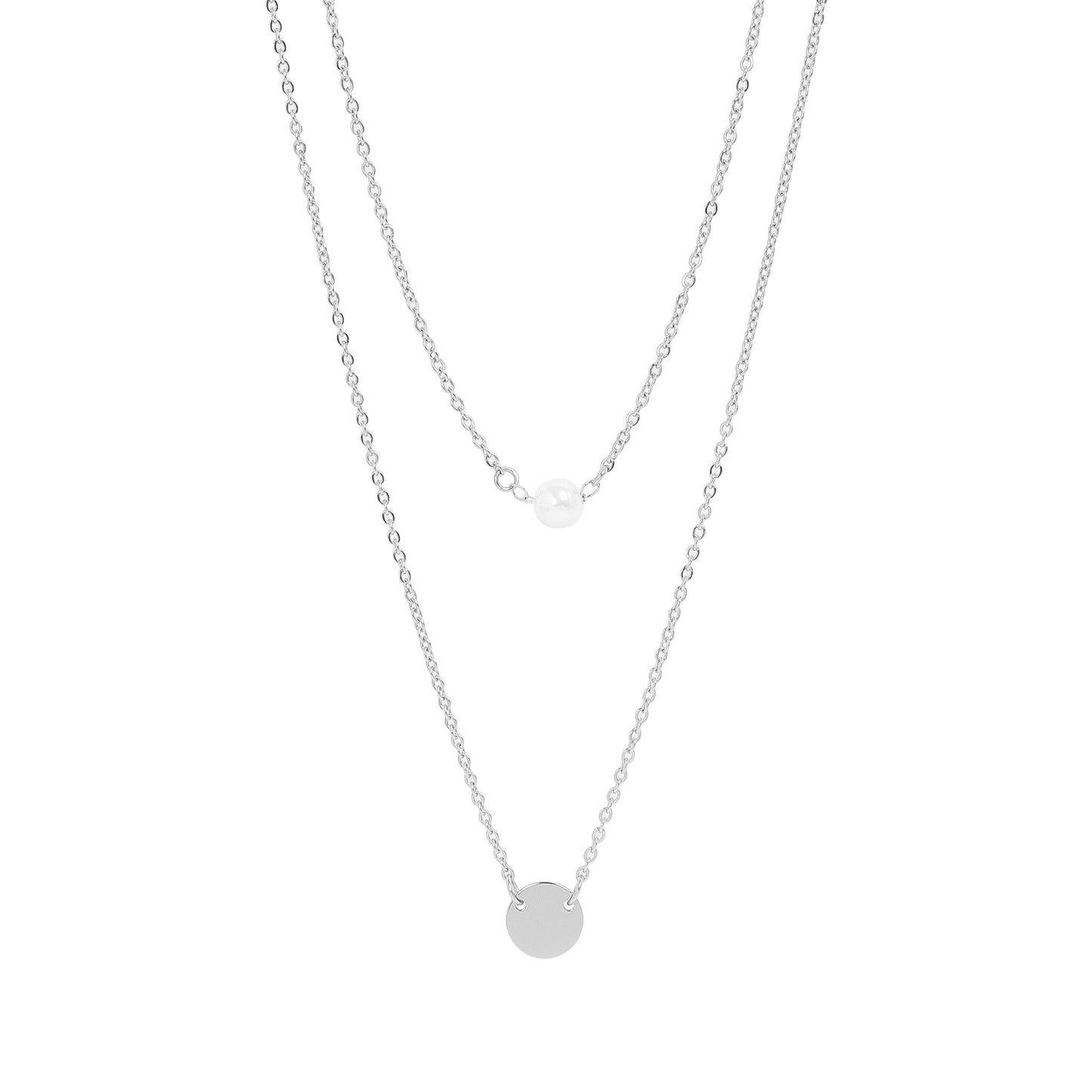 18K Gold PVD Stainless Steel Pearl and Blank Disk Layered Charm Necklace / CHN0004