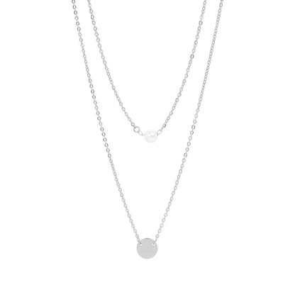 18K Gold PVD Stainless Steel Pearl and Blank Disk Layered Charm Necklace / CHN0004