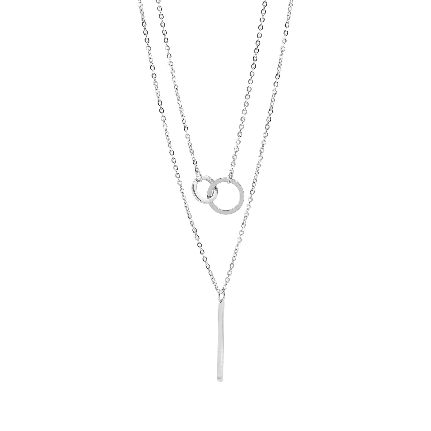 18K Gold PVD Stainless Steel Interlocked Circle and Bar Layered Charm Necklace / CHN0006