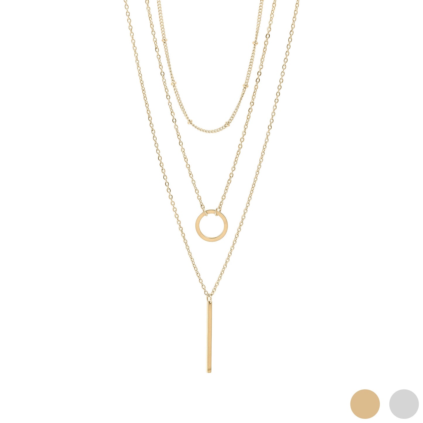 18K Gold PVD Stainless Steel 3 Row Layered Chain Necklace / CHN0009