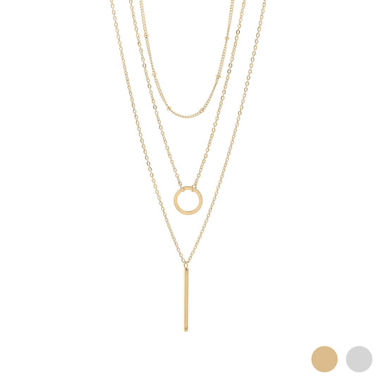 18K Gold PVD Stainless Steel 3 Row Layered Chain Necklace / CHN0009