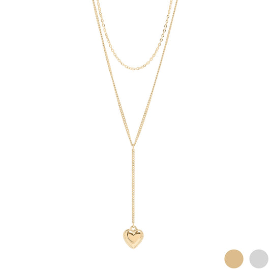 18K Gold PVD Stainless Steel Layered Lariat Heart Charm Necklace / CHN0014
