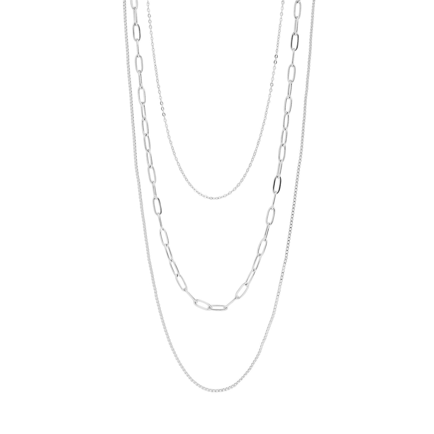 18K Gold PVD Stainless Steel Loop, Box, and Paperclip Layered Chain Necklace / CHN0015