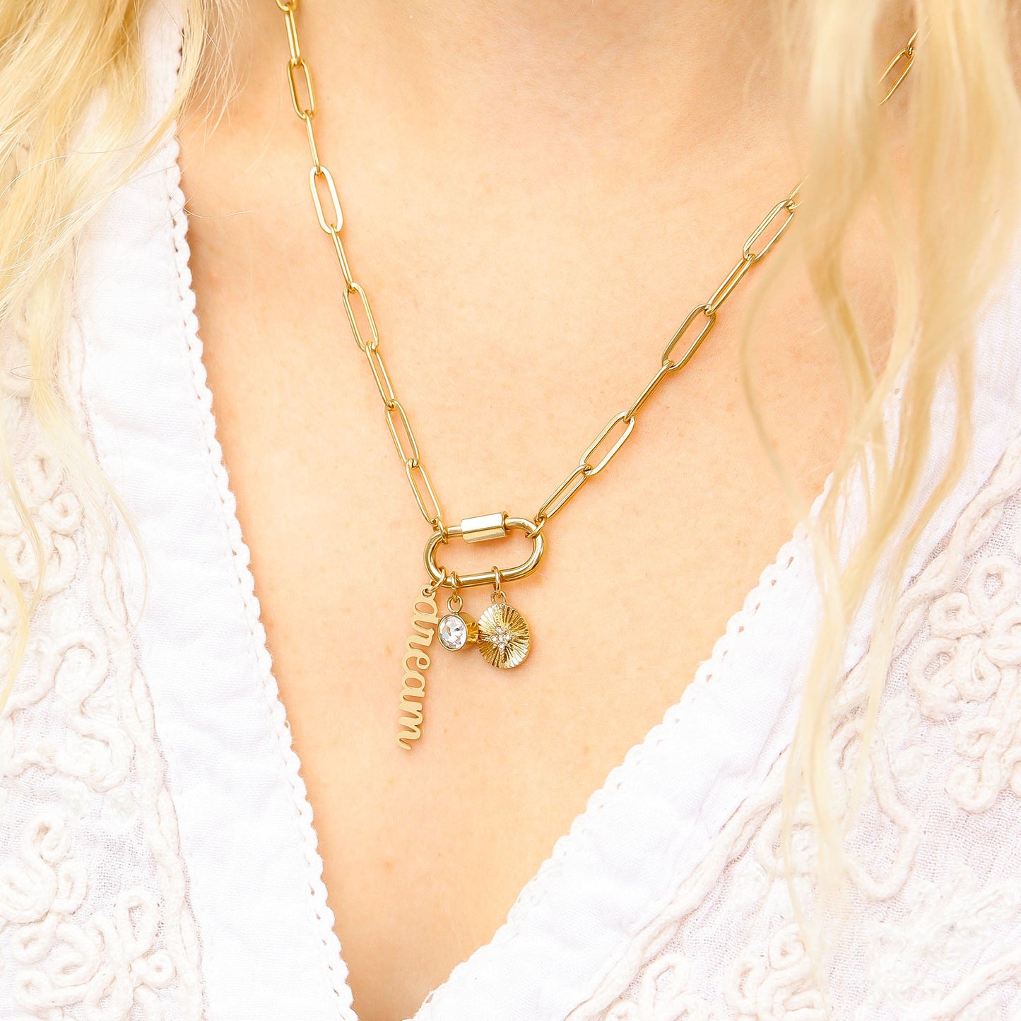 18K Gold PVD Stainless Steel Carabiner Dream Charm Paperclip Necklace / CHN0048