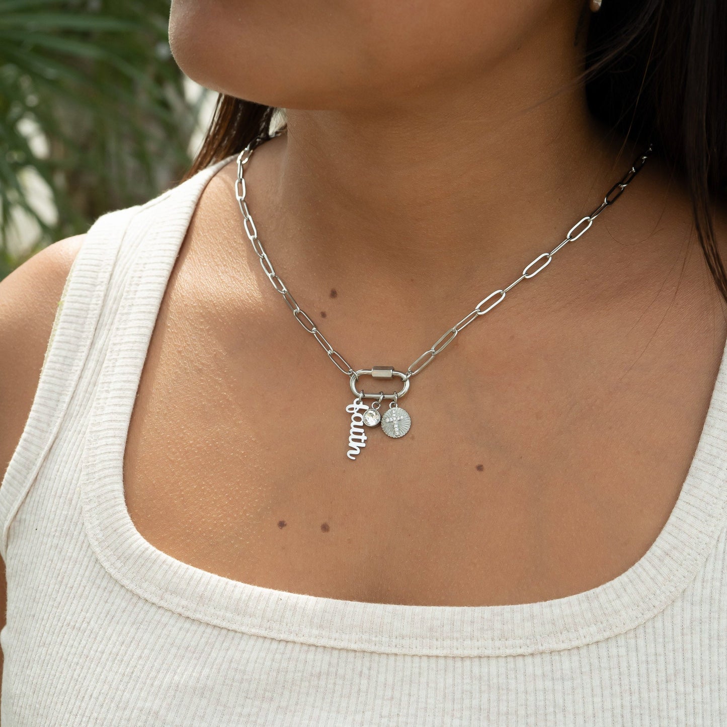 18K Gold PVD Stainless Steel Carabiner Faith Charm Paperclip Necklace / CHN0049