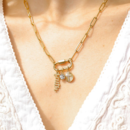 18K Gold PVD Stainless Steel Carabiner Faith Charm Paperclip Necklace / CHN0049