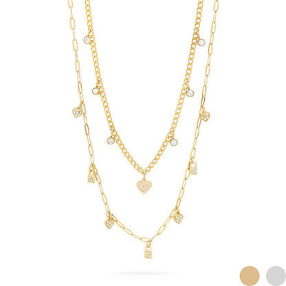 Stainless Steel 2 Row Heart & Lock Charm Necklace / CHN0069