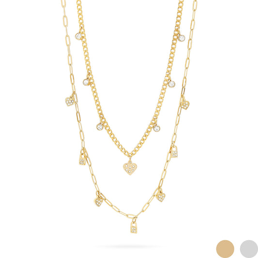 Stainless Steel 2 Row Heart & Lock Charm Necklace / CHN0069