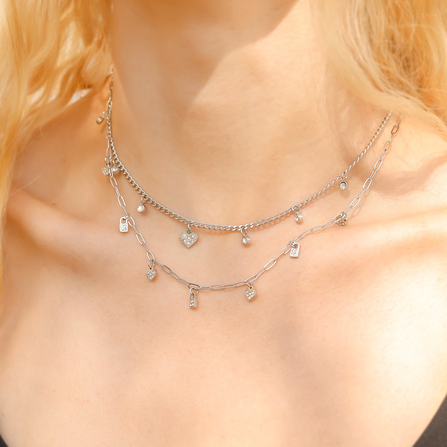Stainless Steel 2 Row Heart & Lock Charm Necklace / CHN0069
