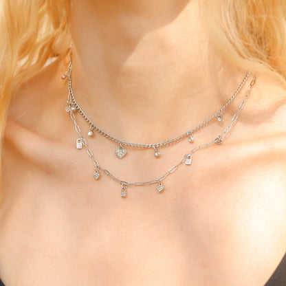 Stainless Steel 2 Row Heart & Lock Charm Necklace / CHN0069