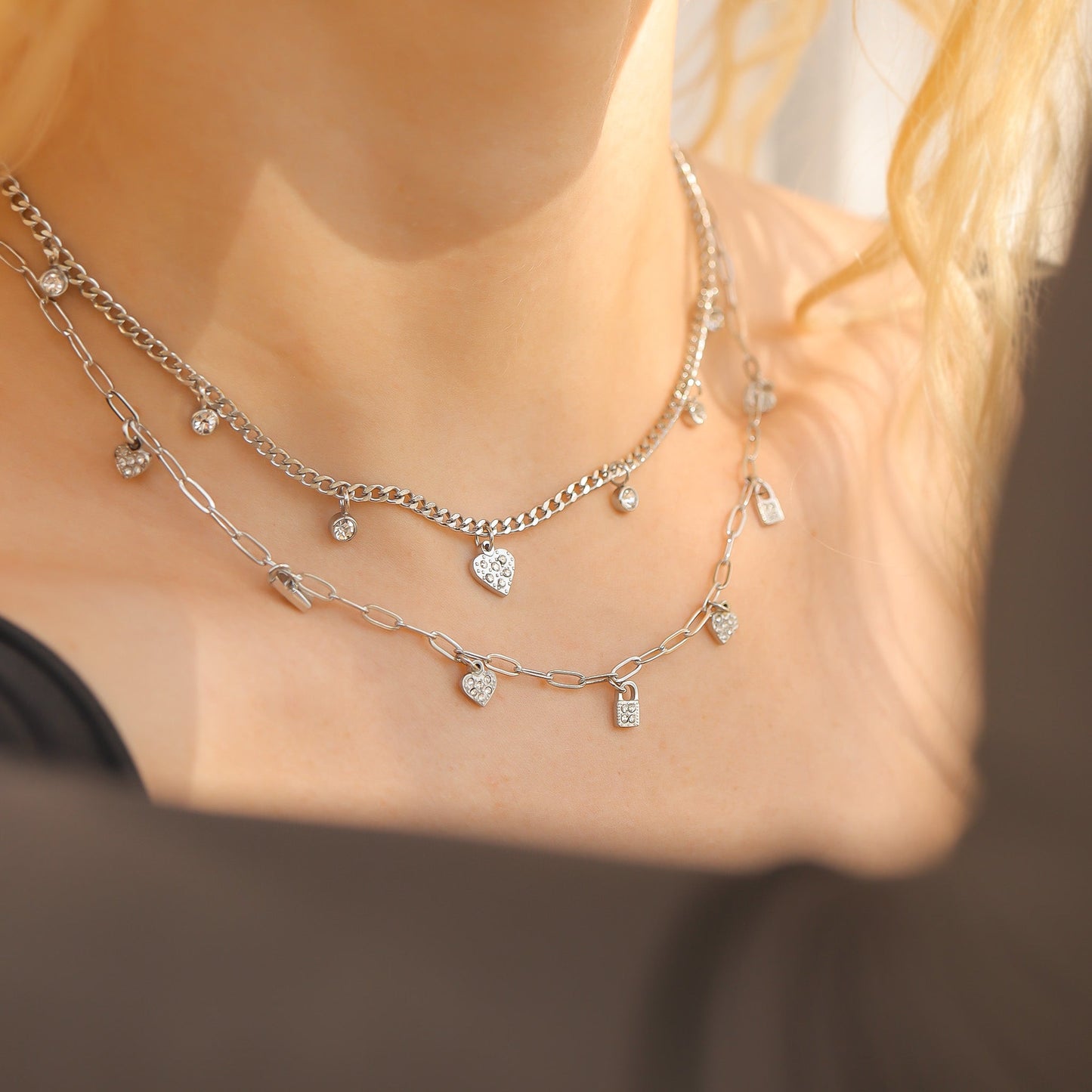 Stainless Steel 2 Row Heart & Lock Charm Necklace / CHN0069