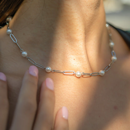 18K Gold PVD Stainless Steel Pearl Station Paperclip Chain Necklace / CHN0082