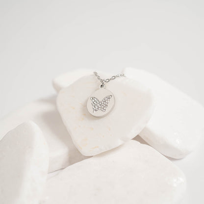 18K Gold PVD Stainless Steel Stone Butterfly Pendant Necklace / CHN0085