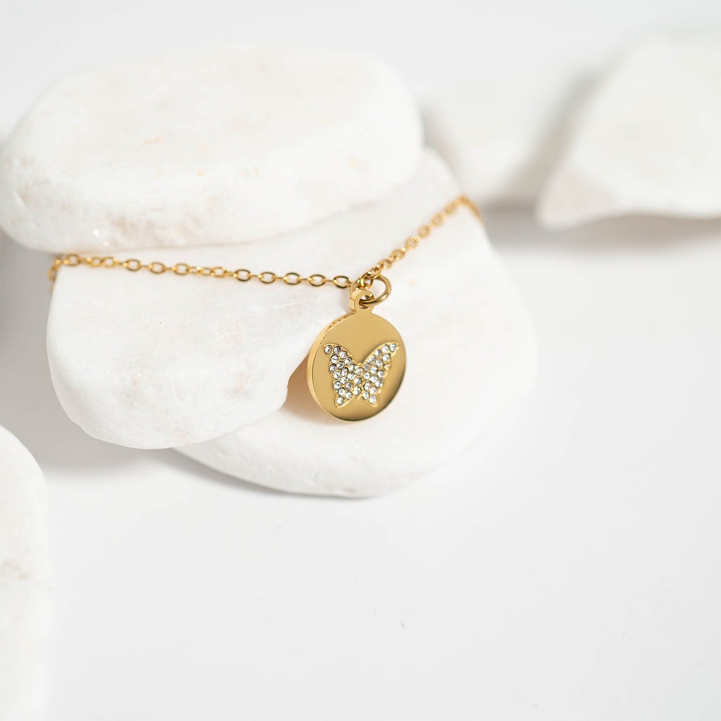 18K Gold PVD Stainless Steel Stone Butterfly Pendant Necklace / CHN0085