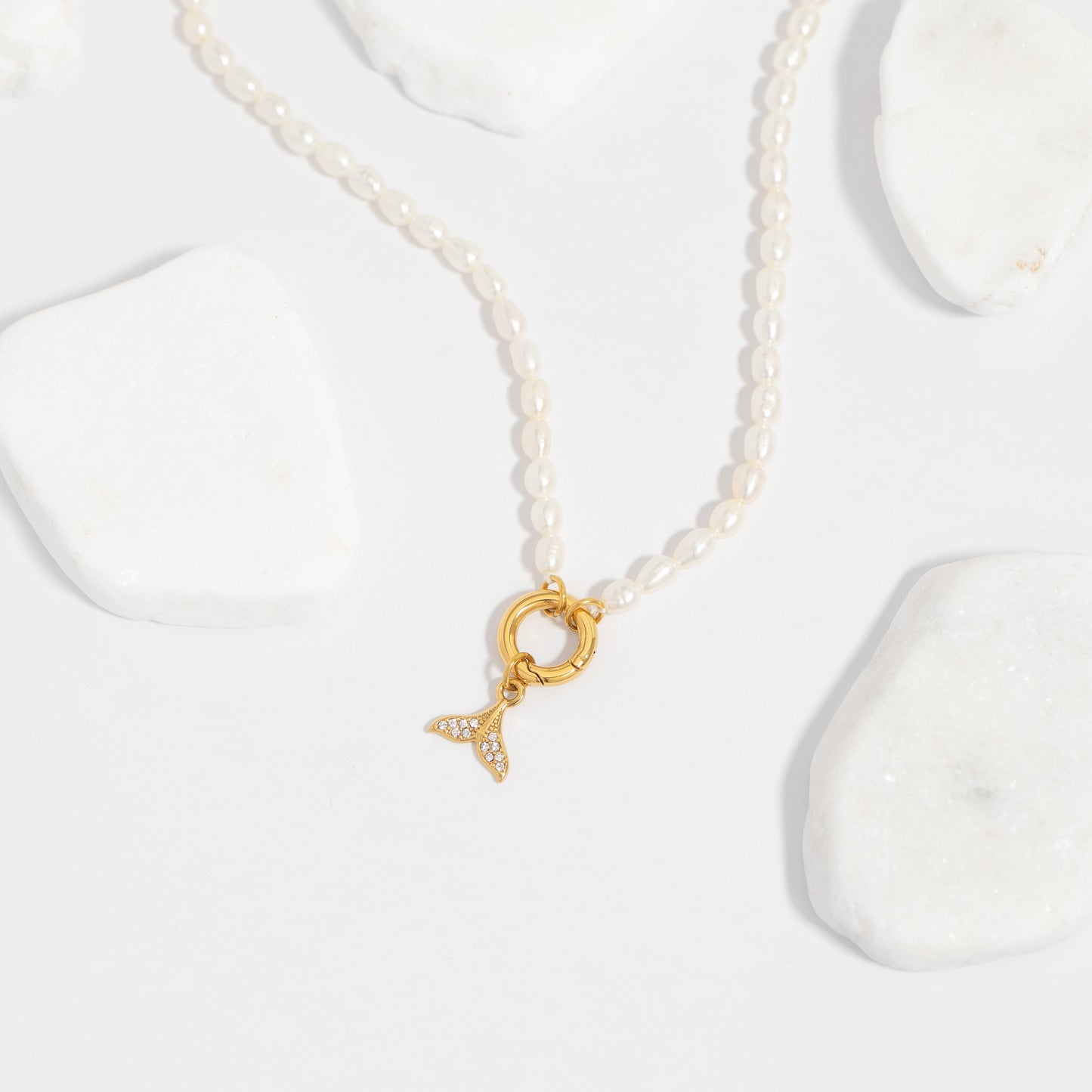 18K Gold PVD Stainless Steel Freshwater Pearl Charm Holder Necklace / CHN0100