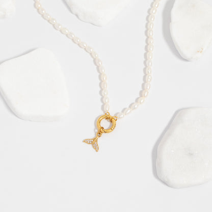 18K Gold PVD Stainless Steel Freshwater Pearl Charm Holder Necklace / CHN0100