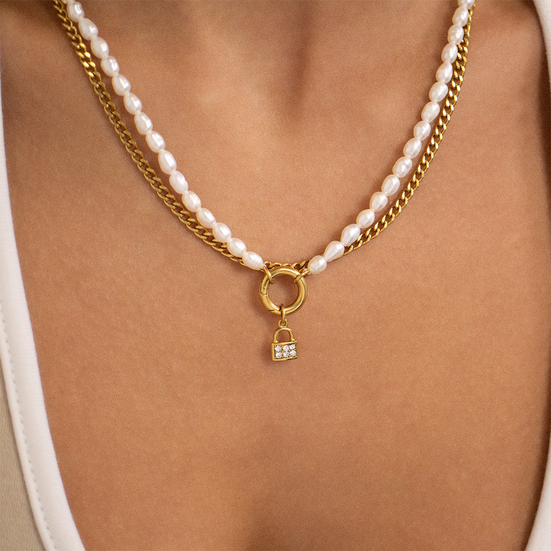 18K Gold PVD Stainless Steel Freshwater Pearl Charm Holder Necklace / CHN0100