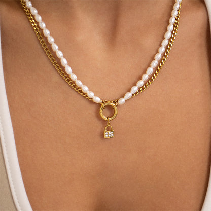 18K Gold PVD Stainless Steel Freshwater Pearl Charm Holder Necklace / CHN0100