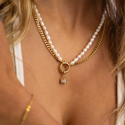 18K Gold PVD Stainless Steel Freshwater Pearl Charm Holder Necklace / CHN0100