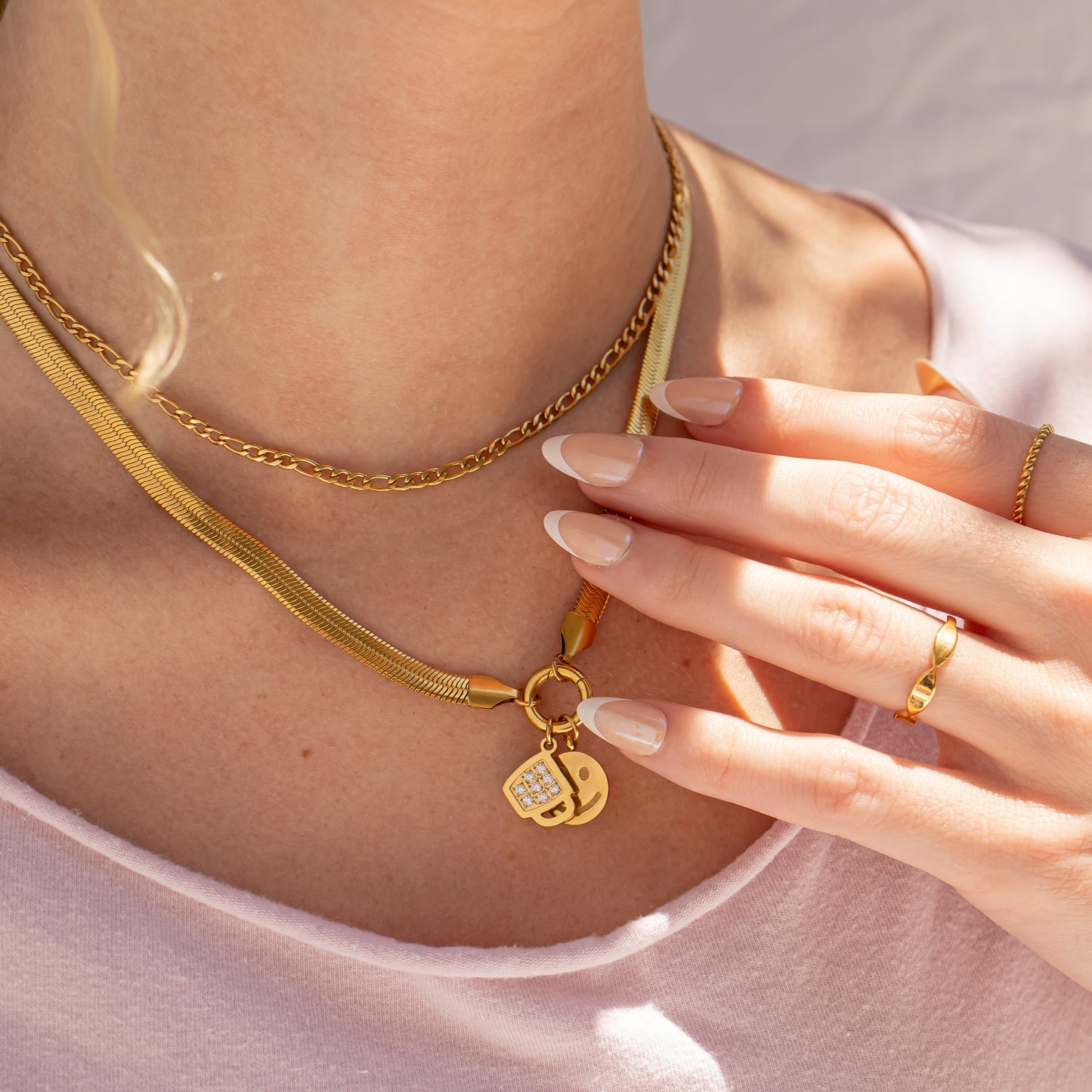 18K Gold PVD Stainless Steel Herringbone Charm Holder Necklace / CHN0101