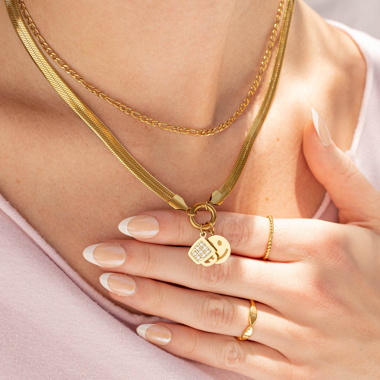 18K Gold PVD Stainless Steel Herringbone Charm Holder Necklace / CHN0101