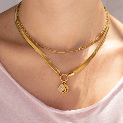 18K Gold PVD Stainless Steel Herringbone Charm Holder Necklace / CHN0101