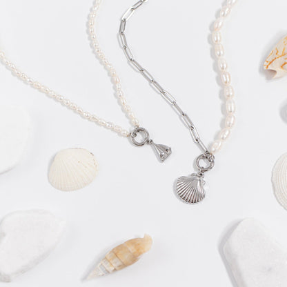 18K Gold PVD Stainless Steel Freshwater Pearl Charm Holder Necklace / CHN0100