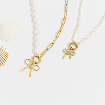 18K Gold PVD Stainless Steel Rhinestone Bow Charm / PDL0278