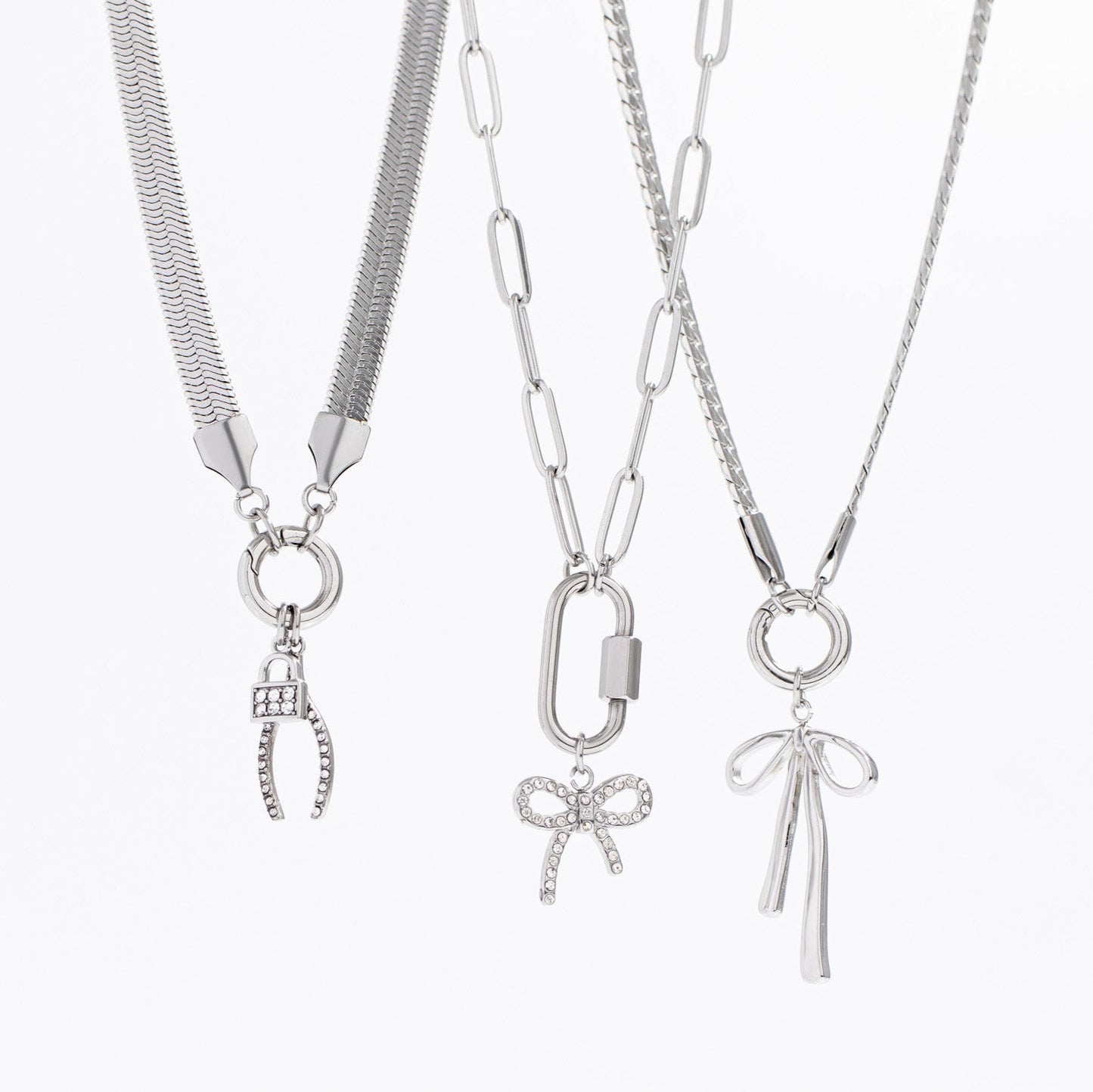 18K Gold PVD Stainless Steel Herringbone Charm Holder Necklace / CHN0101