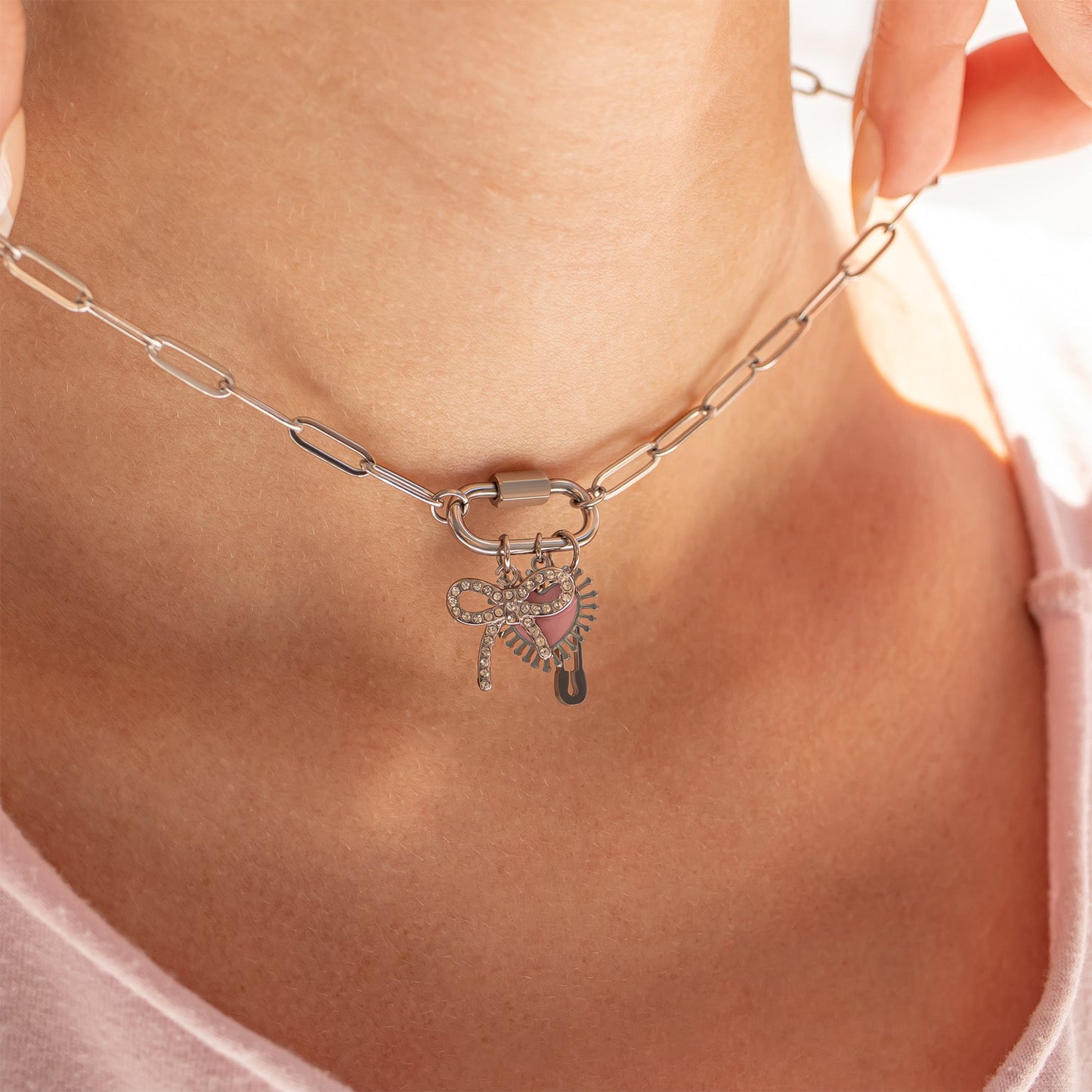 18K Gold PVD Stainless Steel Epoxy Pink Sun Ray Heart Charm / PDL0028