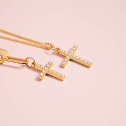 18K Gold PVD Stainless Steel Pearl Cross Charm / PDL0252