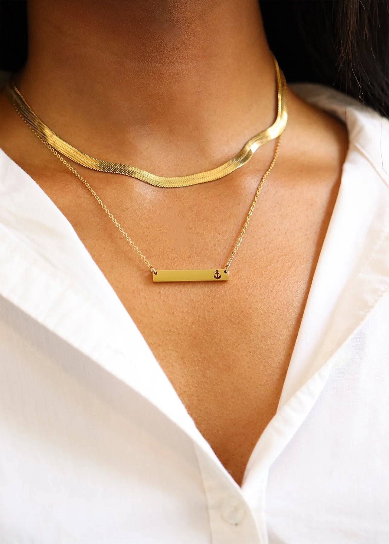 18K Gold PVD Stainless Steel Anchor Cutout Horizontal Blank Bar Necklace / SBB0157