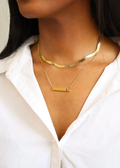 18K Gold PVD Stainless Steel Anchor Cutout Horizontal Blank Bar Necklace / SBB0157