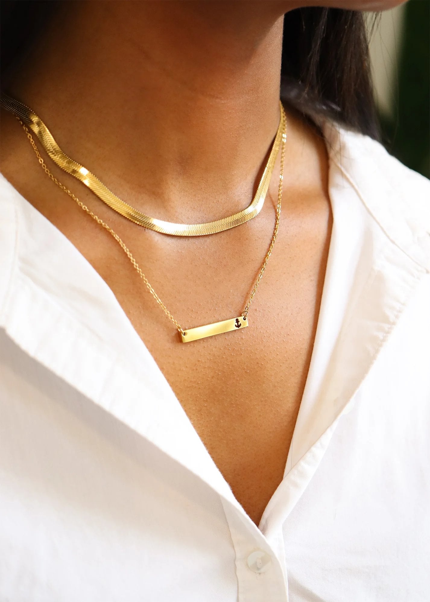 18K Gold PVD Stainless Steel Anchor Cutout Horizontal Blank Bar Necklace / SBB0157