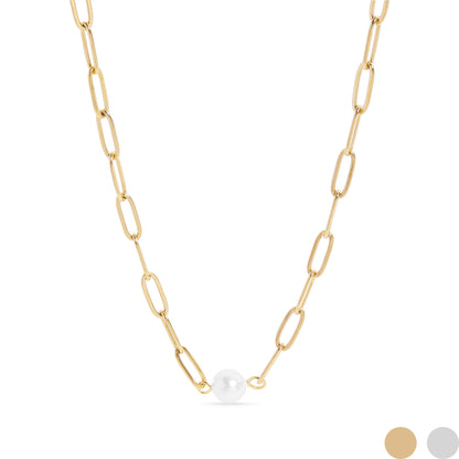 18K Gold PVD Stainless Steel Paperclip Necklace With Pearl / CHN9956
