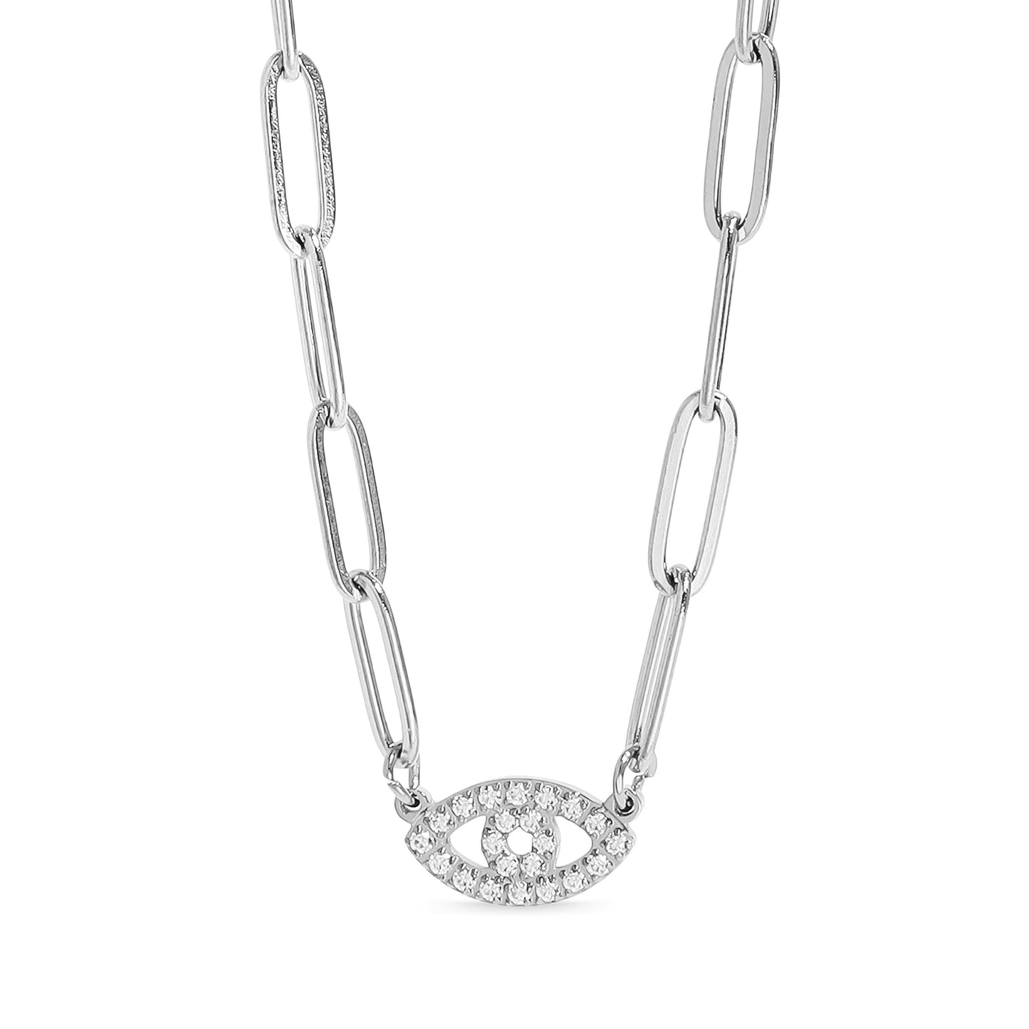 18K Gold PVD Stainless Steel Stone "Evil Eye" Paperclip Chain Necklace / CHN9975