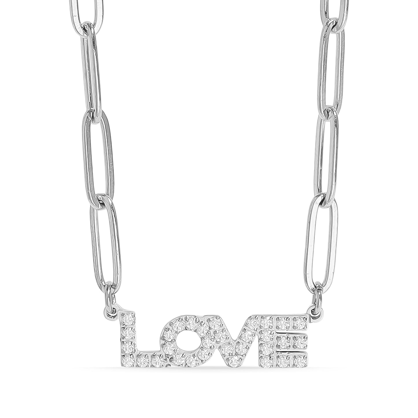 18K Gold PVD Stainless Steel Stone "Love" Paperclip Chain Necklace / CHN9974