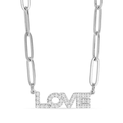 18K Gold PVD Stainless Steel Stone "Love" Paperclip Chain Necklace / CHN9974