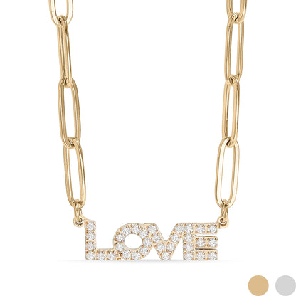 18K Gold PVD Stainless Steel Stone "Love" Paperclip Chain Necklace / CHN9974