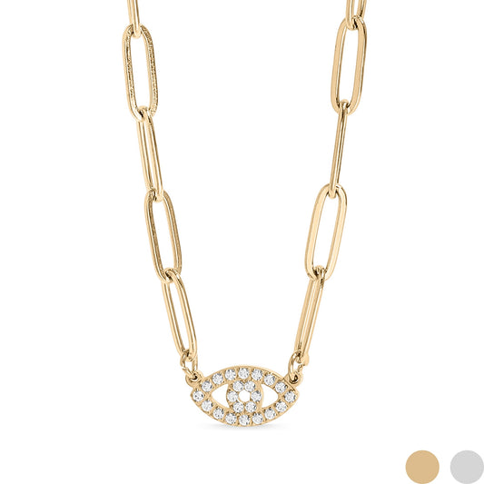 18K Gold PVD Stainless Steel Stone "Evil Eye" Paperclip Chain Necklace / CHN9975
