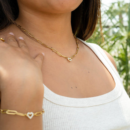 18K Gold PVD Stainless Steel Stone "Heart" Paperclip Chain Necklace / CHN9976