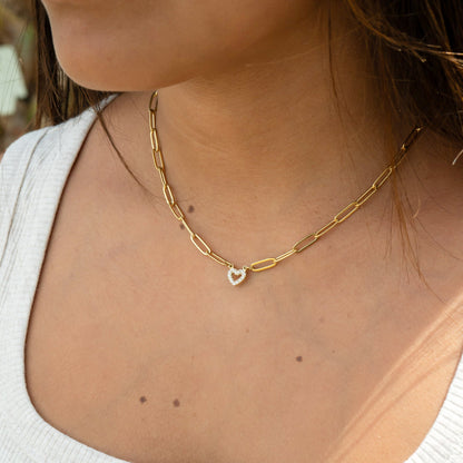 18K Gold PVD Stainless Steel Stone "Heart" Paperclip Chain Necklace / CHN9976