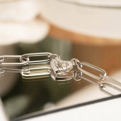 18K Gold PVD Stainless Steel Stone "Heart" Paperclip Chain Bracelet / BRJ1006