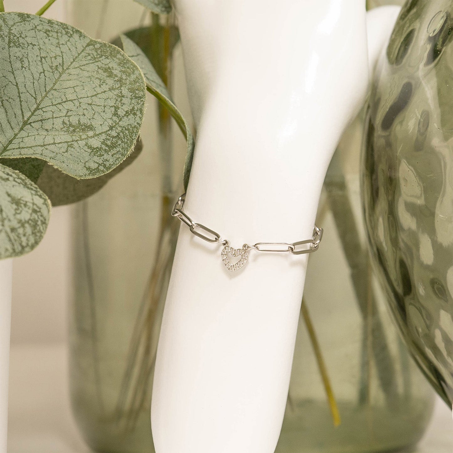 18K Gold PVD Stainless Steel Stone "Heart" Paperclip Chain Bracelet / BRJ1006