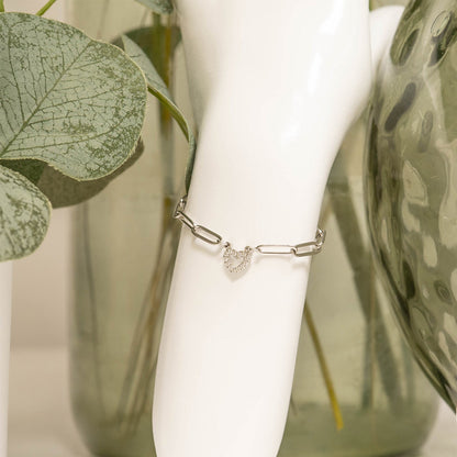 18K Gold PVD Stainless Steel Stone "Heart" Paperclip Chain Bracelet / BRJ1006