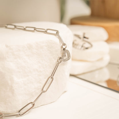 18K Gold PVD Stainless Steel Stone "Heart" Paperclip Chain Bracelet / BRJ1006